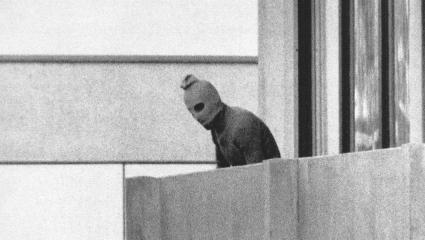 A kidnapper on the balcony attached to Munich Olympic village Building 31