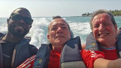 Yostin Mosquera on a boat with Paul Longworth and Albert Alfonso