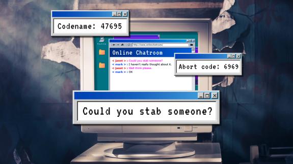 A stock photograph showing a chatroom transcript and an old desktop PC