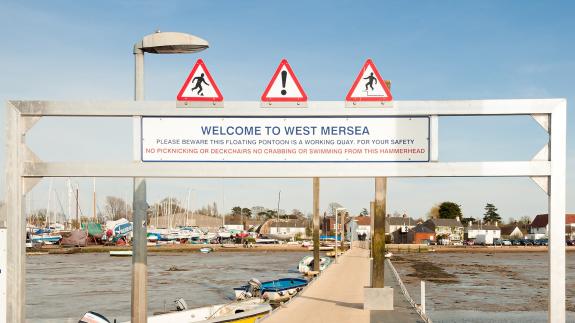 A welcome sign at the West Mersea jetty
