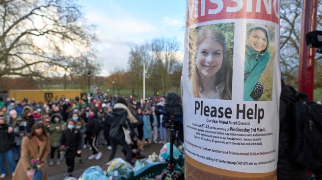 A missing person sign featuring Sarah Everard at her vigil, in Clapham