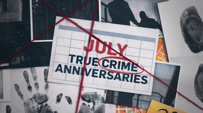 July true crime anniversaries written on evidence board with images and red string