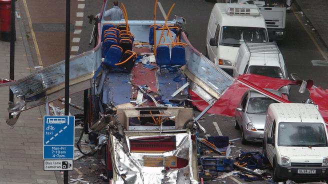 The remains of the double-decker bus that was targeted during the London bombings
