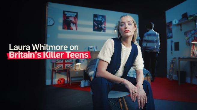 'Laura Whitmore on Britain's Killer Teens' - Laura Whitmore sitting on a chair on a set that looks like a teenage boys bedroom
