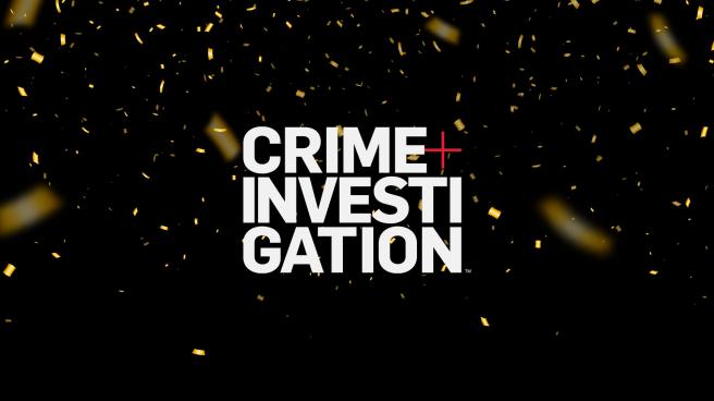 Crime+Investigation logo on a black background with gold confetti falling down