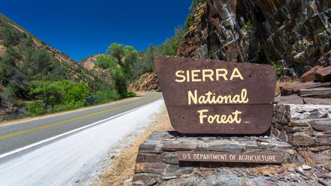A sign by the side of the road marking the entrance to Sierra National Forest