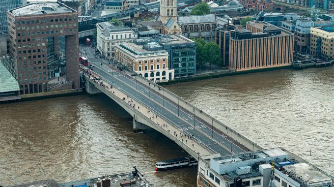 Aerial image of London Bridge leading into Borough Market