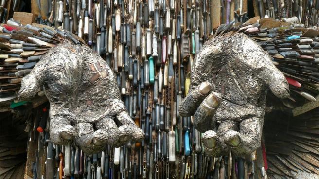 A close up of the Knife Angel, a sculpture made of confiscated knifes