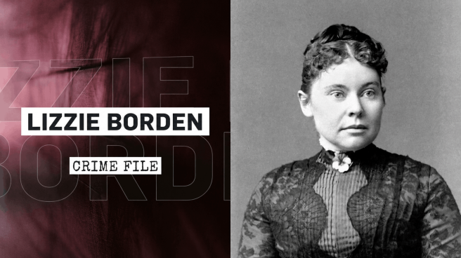 Lizzie Borden next to copy reading 'Lizzie Borden: Crime File'