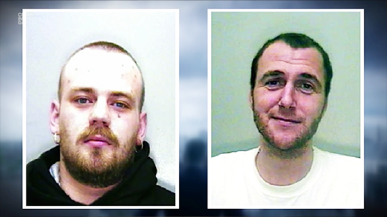 Grainy mug shots of two white men with very short hair