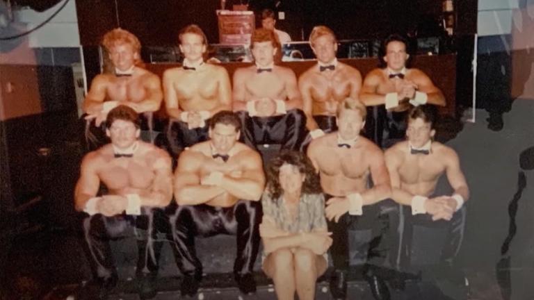 Old photo of nine topless Chippendale dancers