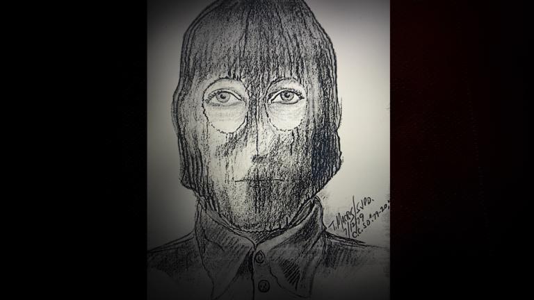 Artist sketch of the Golden State Killer wearing a balaclava