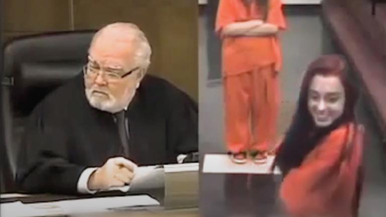 Split screen of a judge and a female prisoner in an orange jumpsuit