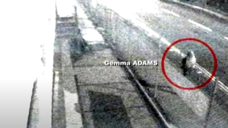 Grainy CCTV image with a red circle around a figure labeled 'Gemma Adams'