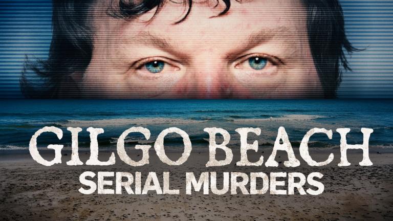 Rex Heuermann's eyes peering above a beach and the show title