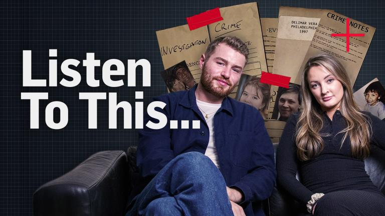 'Listen To This...' - Jack Taylor and Charley Bourne sitting on a sofa surrounded by crime files