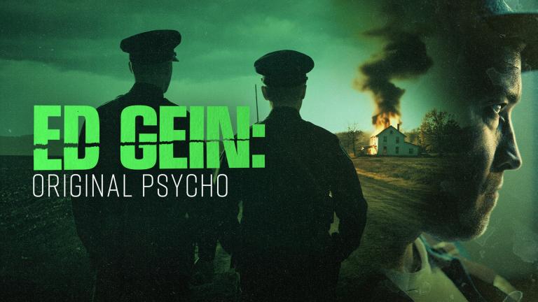ED GEIN: ORIGINAL PSYCHO - Composite image of two police officer looking at a burning building in the distance