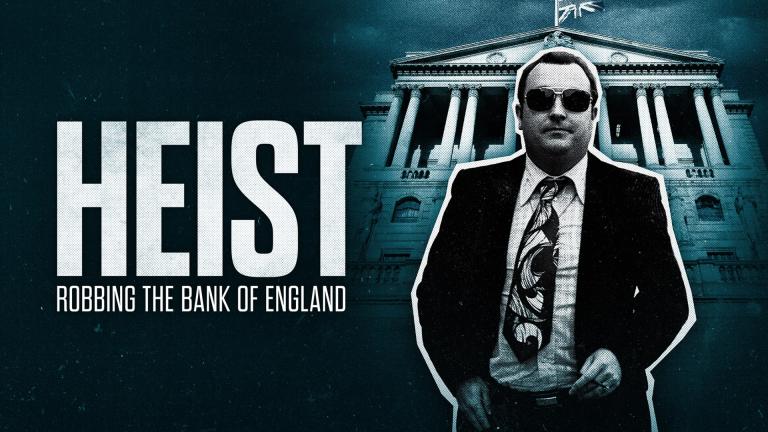 A man in a suit standing in front of the Bank of England next to the show's title