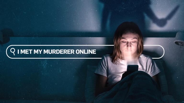 'I MET MY MURDERER ONLINE' - A young woman looks at her smartphone in bed, while a shadow on the wall shows a person holding a knife