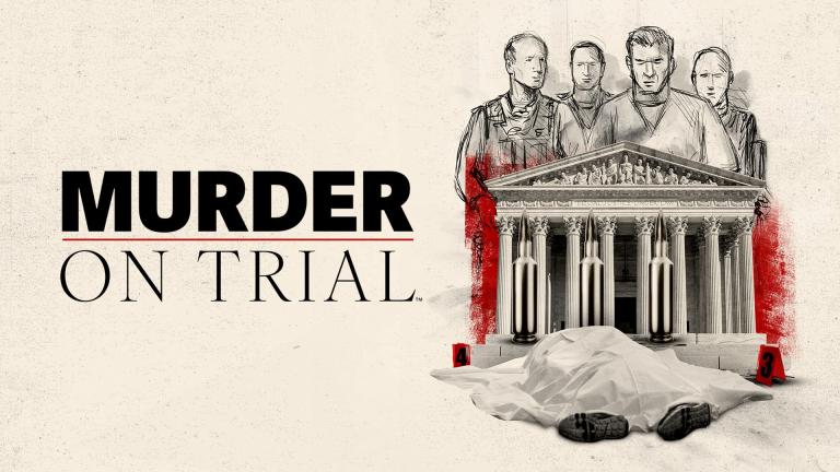 A body lies under a white sheet in front of a court house in front of a sketch of the jury 