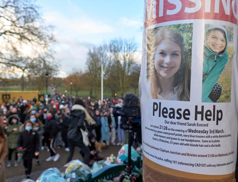 A missing person sign featuring Sarah Everard at her vigil, in Clapham