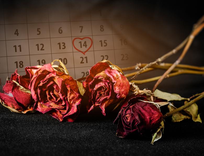 A graphic showing dead roses with a calendar in the background displaying the date '14th February'