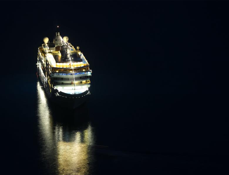 A cruise ship sailing at night