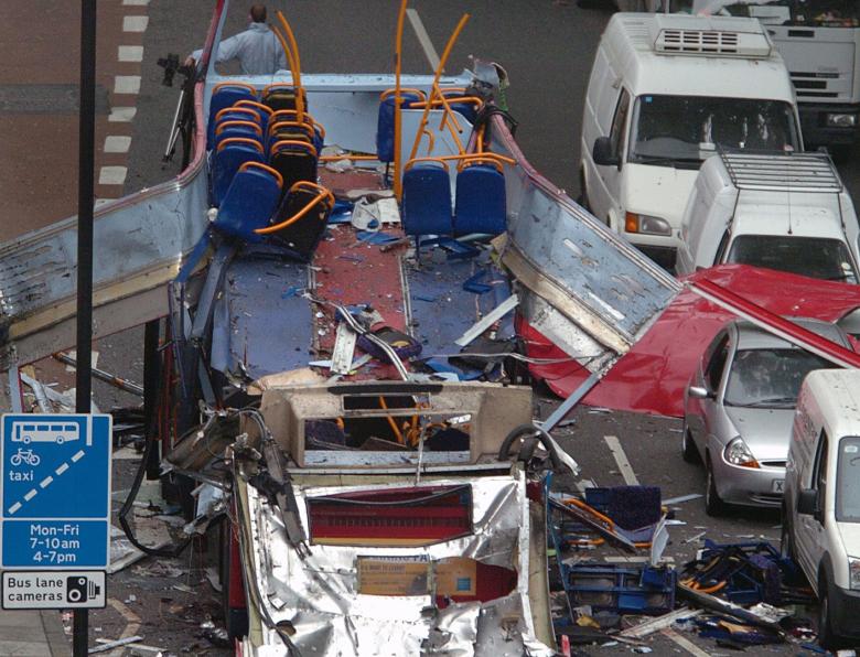 The remains of the double-decker bus that was targeted during the London bombings