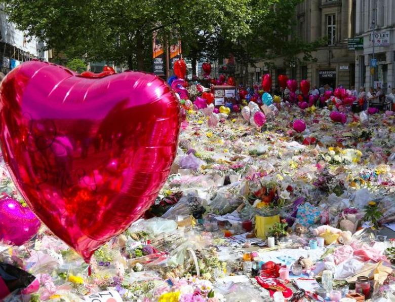 A sea of flowers and balloons in memory of the victims of the Manchester Arena bombing
