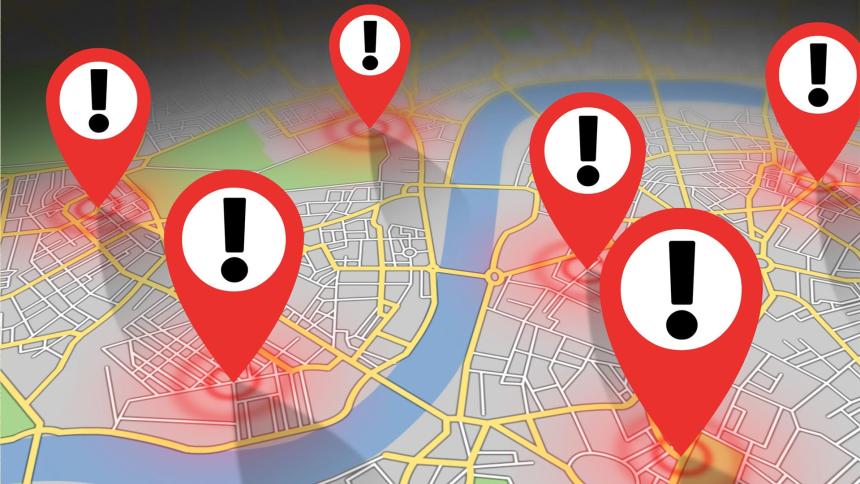 Map of London with 'Alert' signs in various areas