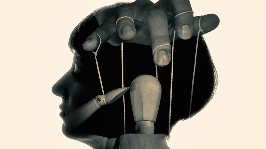 Marionette in woman head, black and white