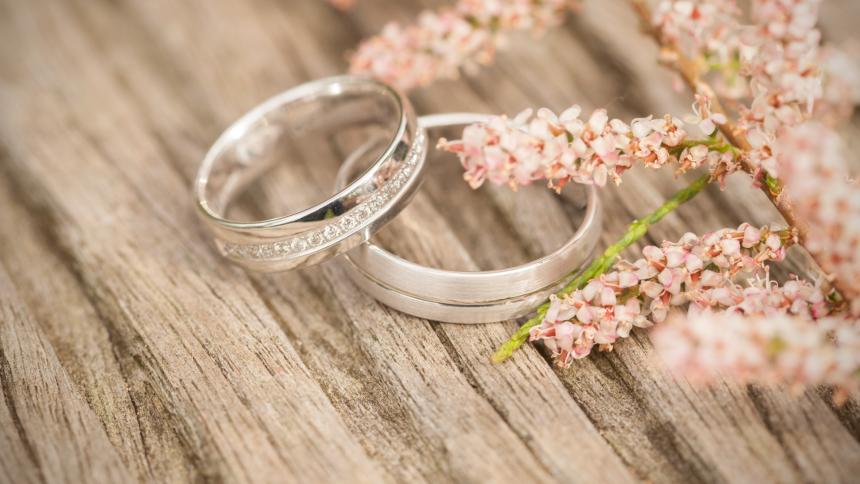 A photograph of wedding rings