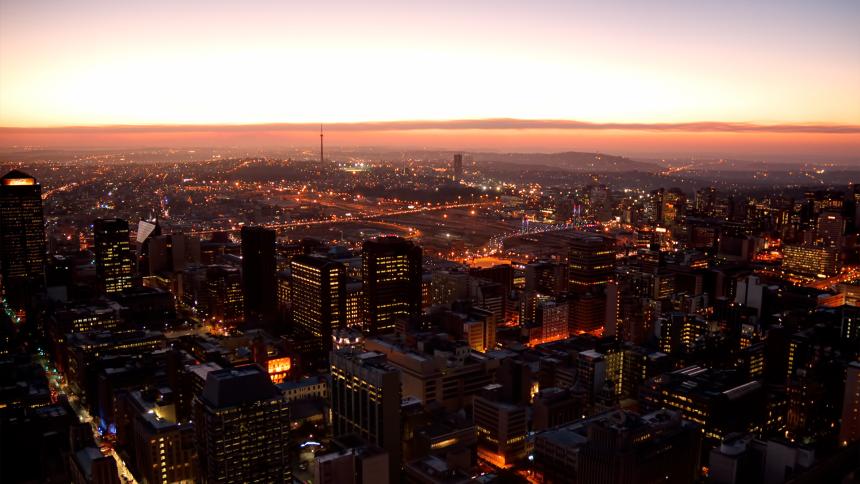A photograph showing Johannesburg, South Africa, at sunset