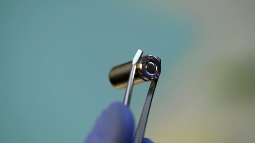 A stock photo showing a hand in exam gloves holding a bullet in tweezers.