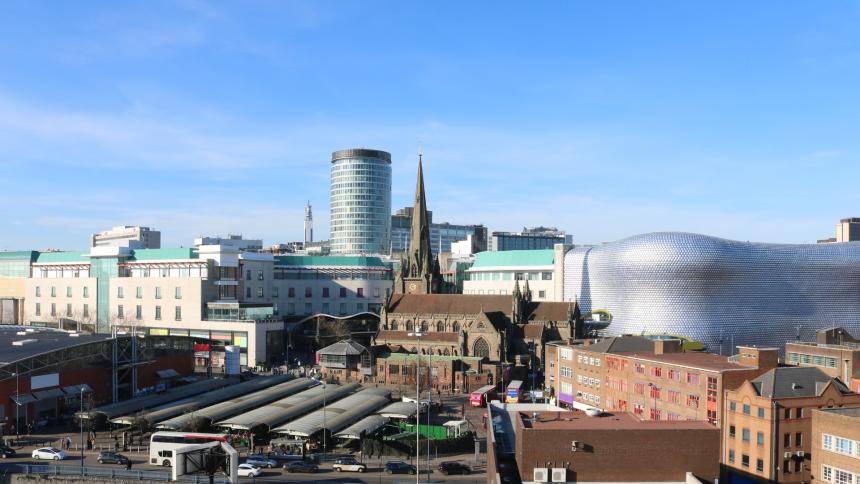 A stock photograph of the skyline view of Birmingham, UK