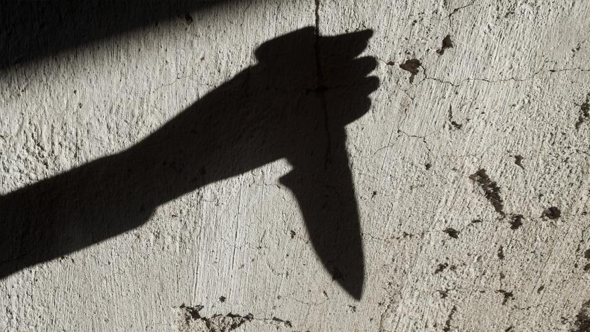 A photograph of a person's shadow, holding a bladed object