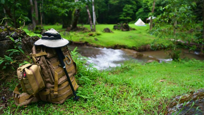 A photograph of a backpack in greenery, outdoors