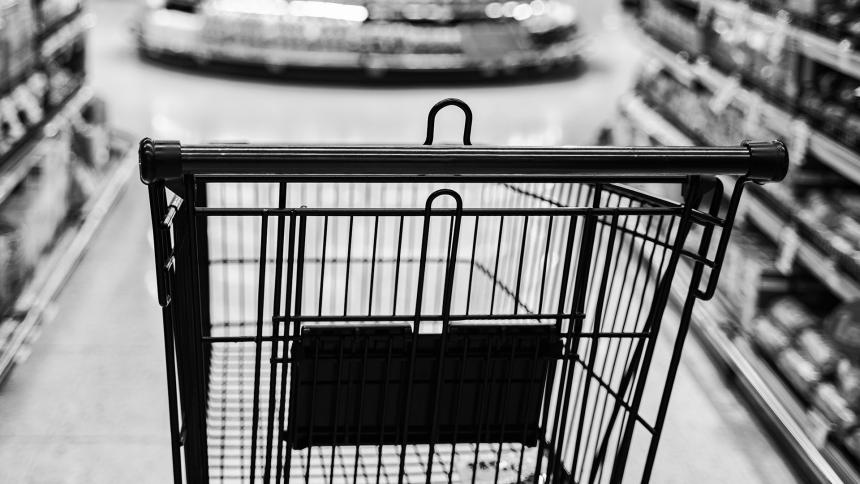 A stock photo of a shopping trolley / shopping cart.