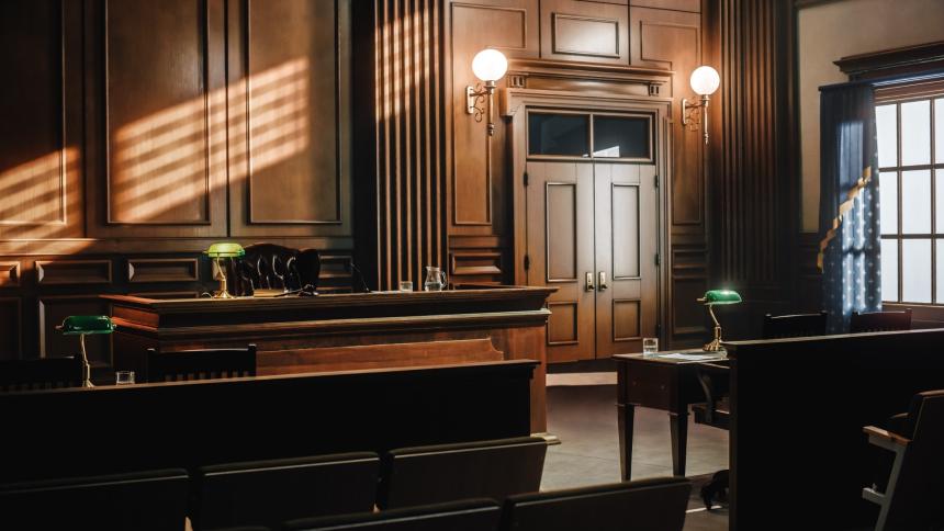 A photograph of a courtroom