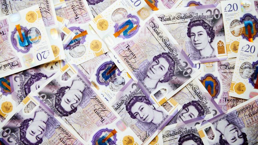 A photograph showing English £20 notes