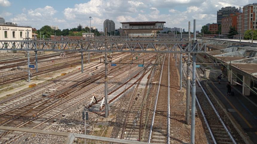 A photograph of Bologna station, Italy, as seen from the Galliera bridge