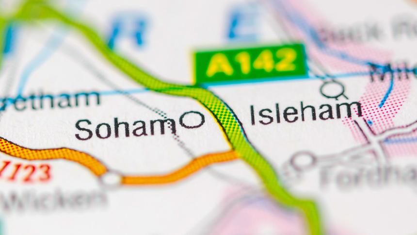 A photograph of Soham on a UK map