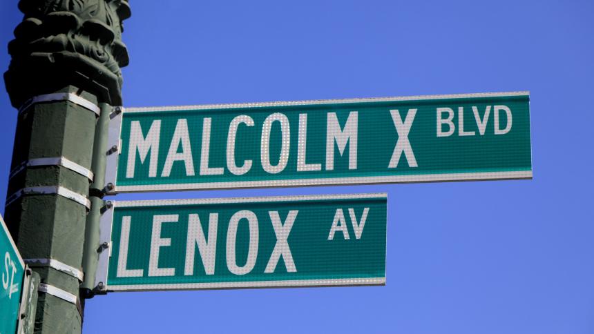 A stock photo of a street sign reading 'MALCOLM X BLVD'.
