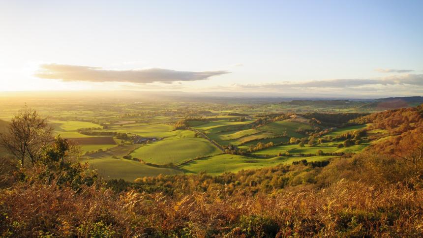 A stock photograph showing the view from the top of Sutton Bank in Yorkshire, England.