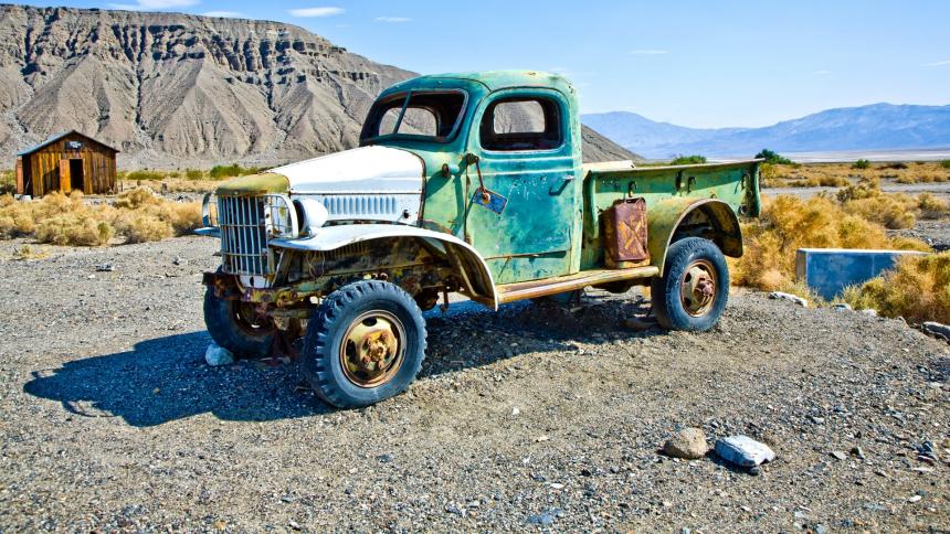 A photograph of an abandoned Dodge Power Wagon said to have been driven by the Manson Family in Ballarat, California, USA.