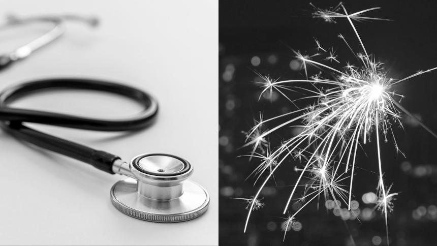 A photo montage of a doctor's stethoscope and a firework sparkler commonly used on New Year's Eve