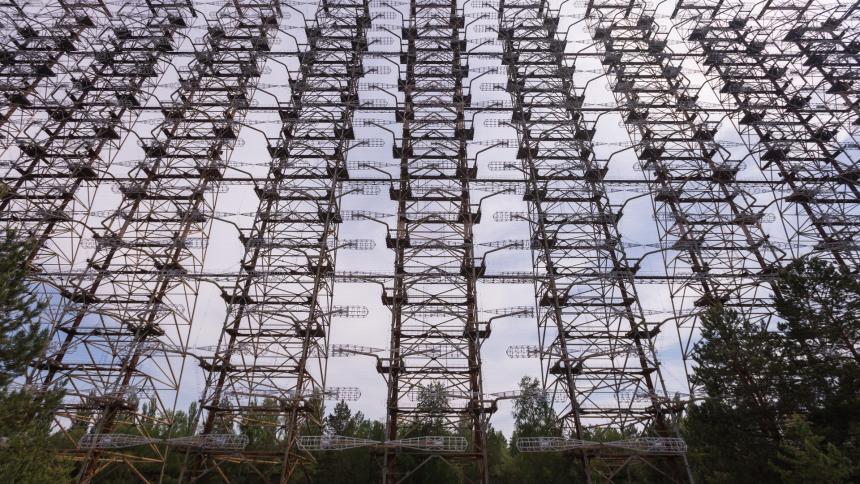 A stock photo of the Duga antenna complex, former Soviet military radar system from the Cold War. Located in the Chernobyl exclusion zone, Ukraine.