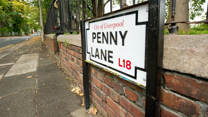 A stock photo of a road sign for 'Penny Lane', the name of which, is a popular song by the English rock band The Beatles 
