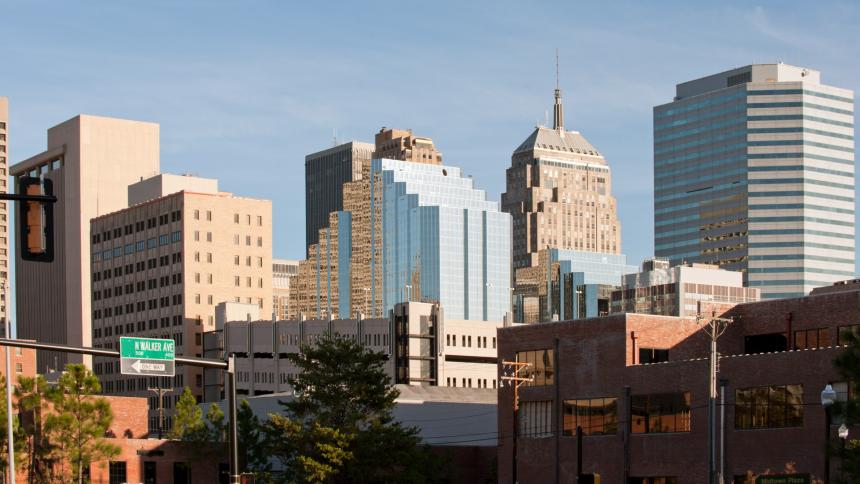 A stock image showing office buildings in downtown Oklahoma City, USA