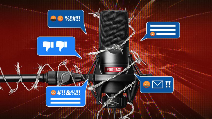 A stock image graphic of a microphone surrounded by hate messages and angry emojis